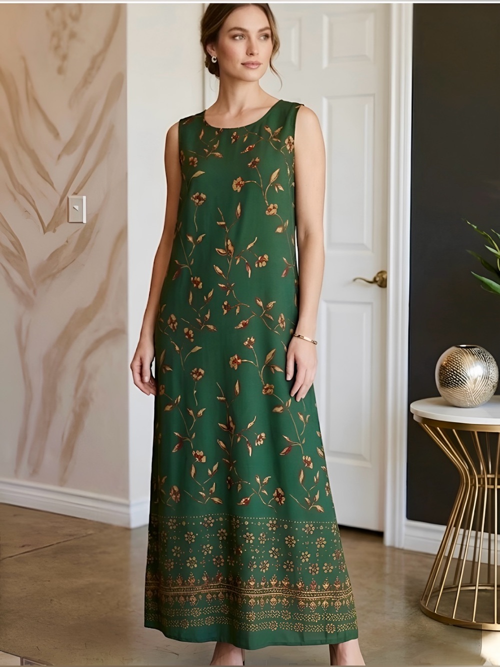 Vintage Kathie Lee Collection Green Floral Border Maxi Dress | Size XL